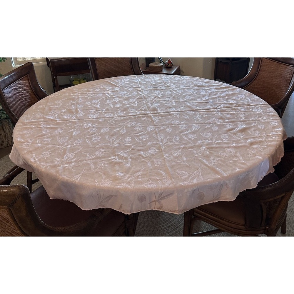 Easter Tablecloth Spring Pink Tulips Round 68" Vintage
